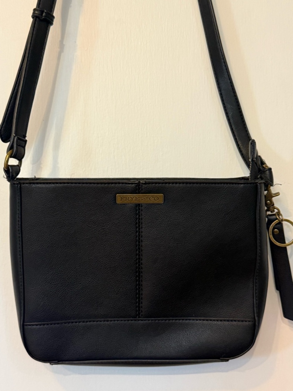 FRYE AND CO. Black Leather Crossbody with Brass Trim